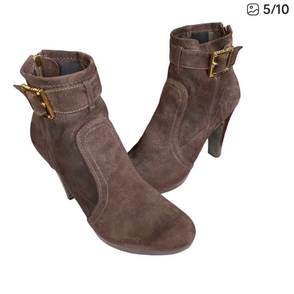 Tory Burch Melrose Chocolate Suede Heel Ankle Boots W/Gold Buckle Size 11 - Picture 3 of 9